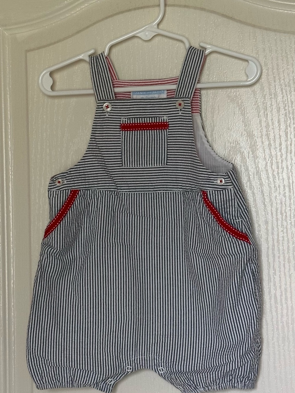 Janie and Jack Boys Seersucker Striped Shortall Romper 6–12 Months